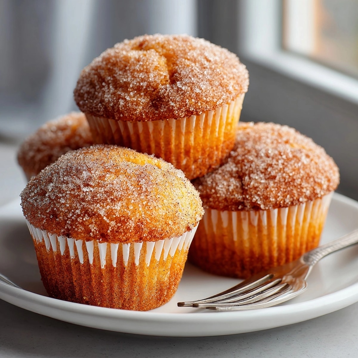 Warm, buttery Cinnamon Sugar Donut Muffins, generously coated in cinnamon sugar, ready to be enjoyed now.