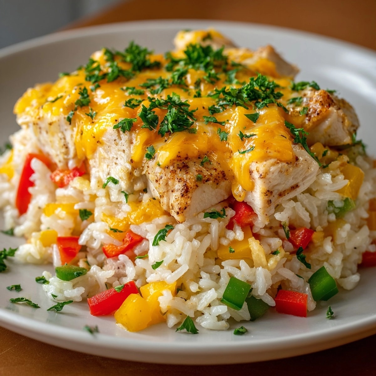 Cajun Chicken and Rice Casserole with golden cheese, fresh herbs, and colorful vegetables in a rustic dish