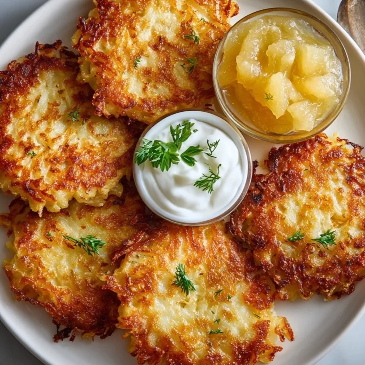 Crispy edges on these German Potato Pancakes invite dipping into applesauce for a comforting bite.