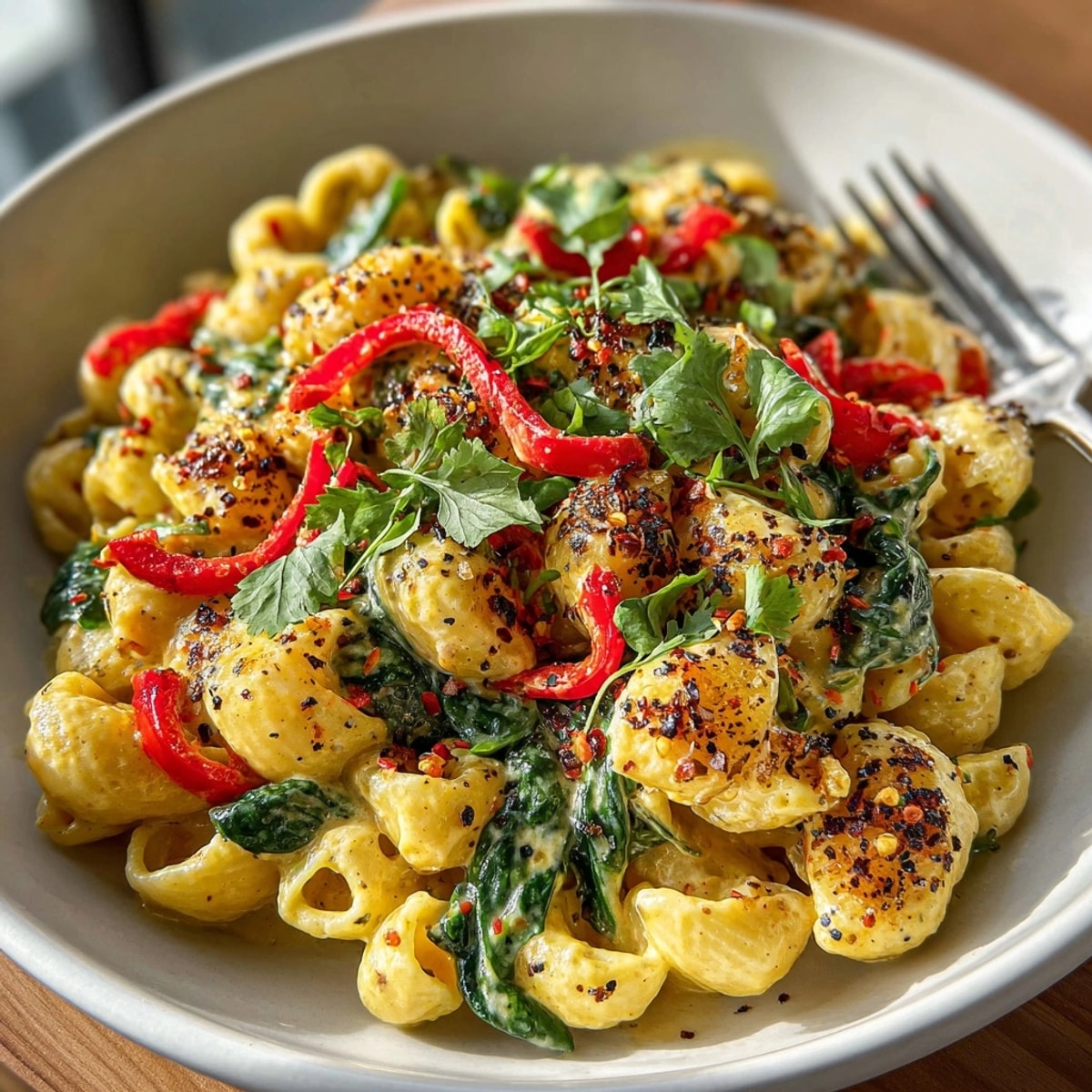 Close-up of steaming Vegan Thai Red Curry Mac & Cheese, garnished with cilantro.