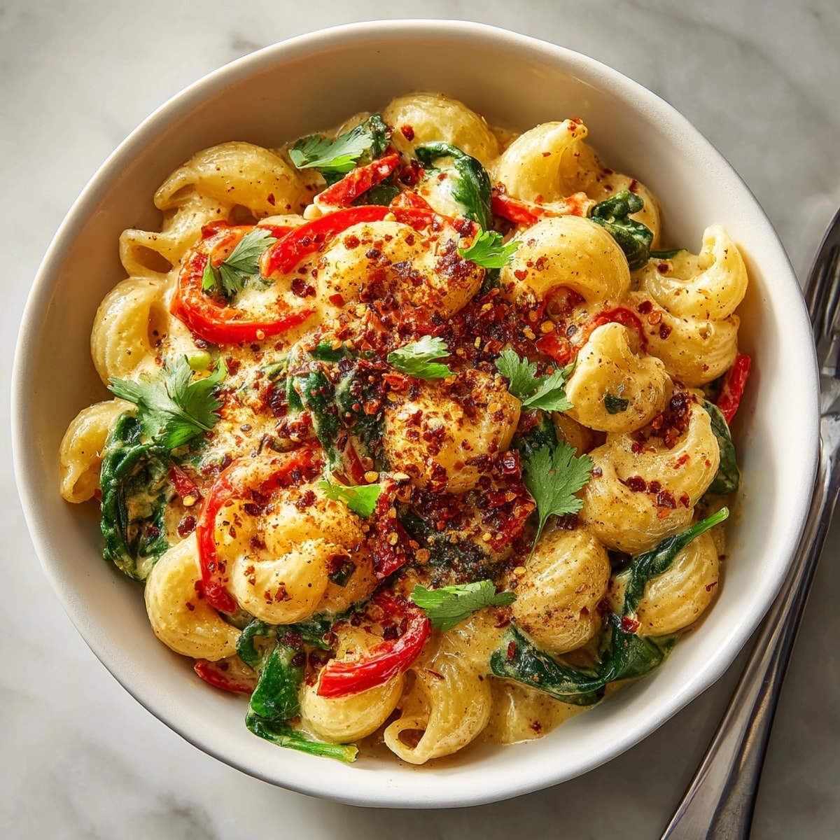 Bowl of fragrant Vegan Thai Red Curry Mac & Cheese, vibrant fusion comfort food.