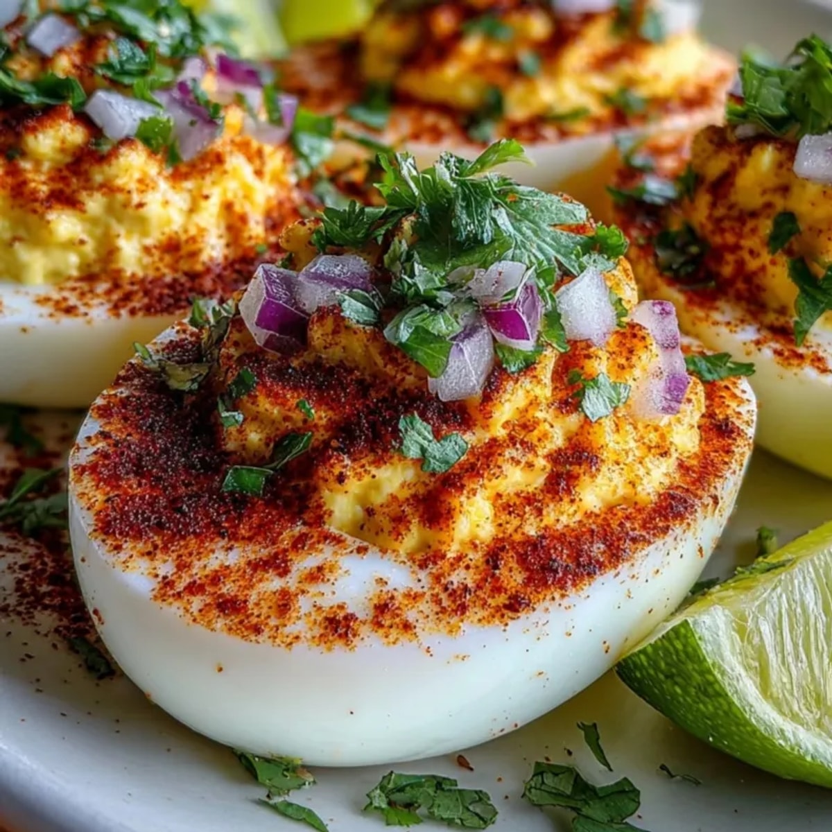 Creamy Tajín Deviled Eggs seasoned with lime and cilantro – a flavorful party appetizer!
