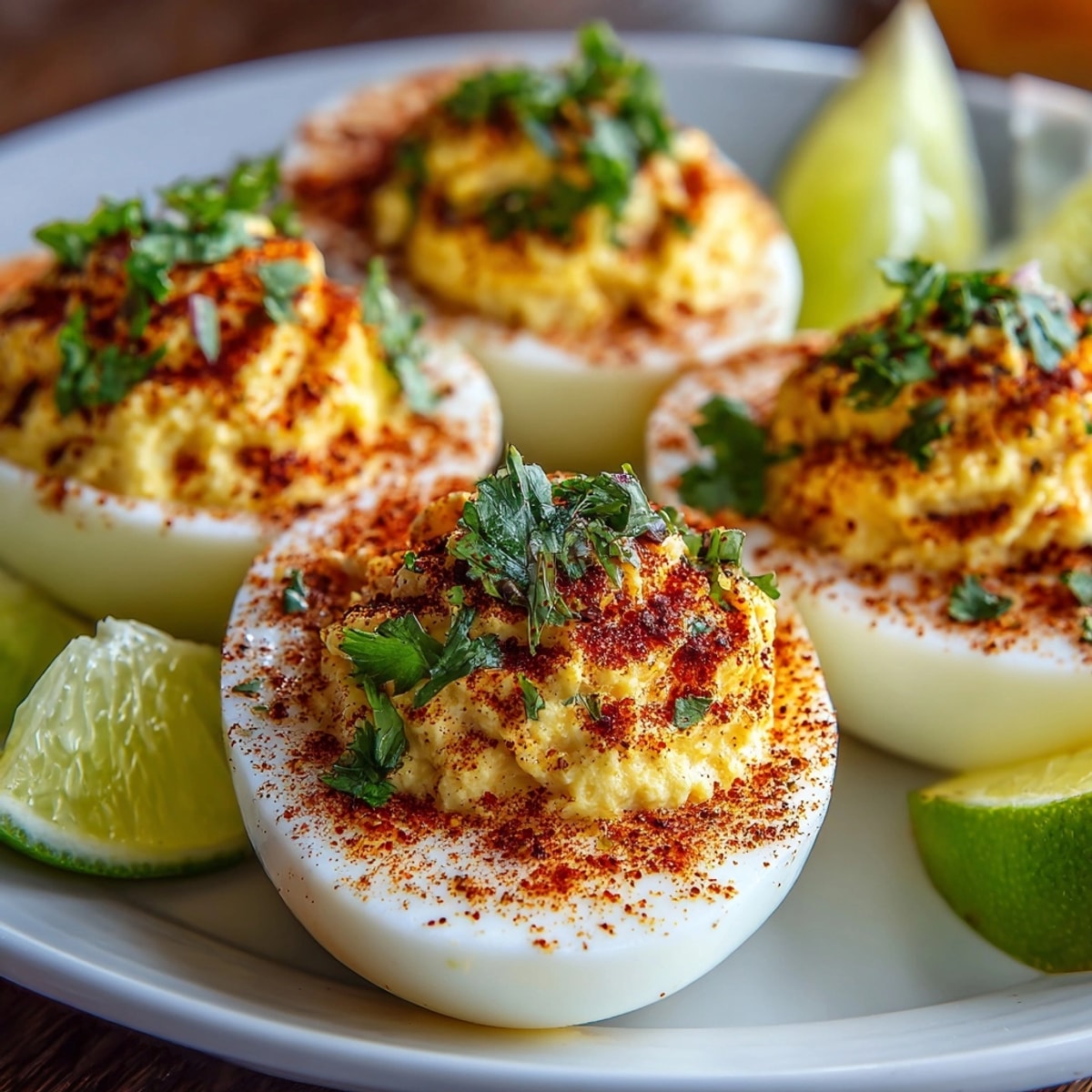Homemade Tajín Deviled Eggs with a zesty Tajín and cilantro garnish; fresh and delicious.