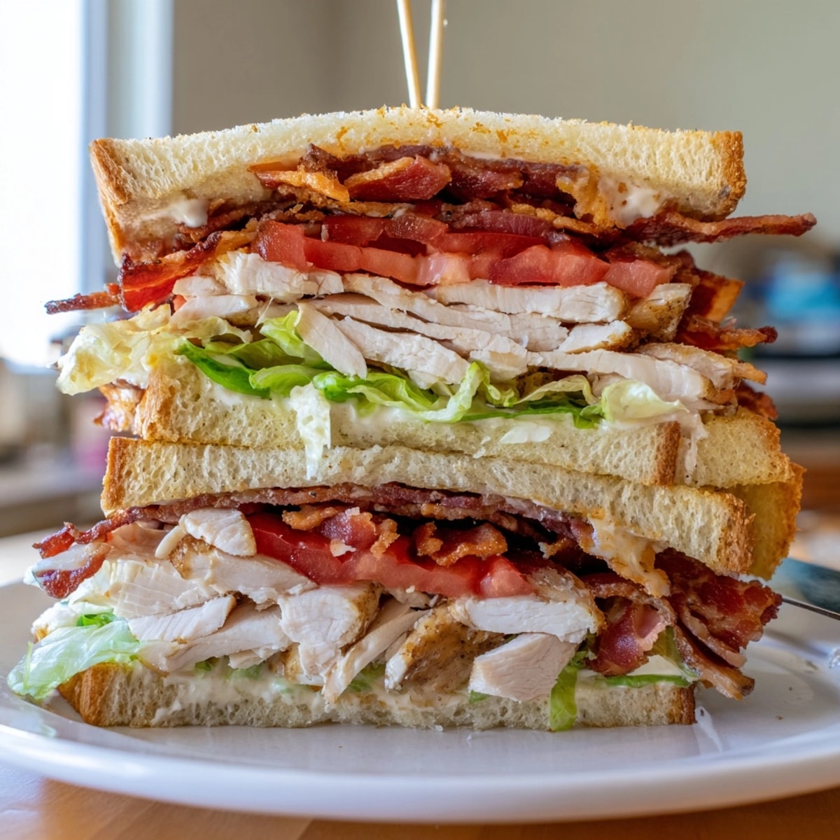 Stacked Club Sandwich: Layers of creamy mayo, crisp bacon, chicken, lettuce, and tomato.
