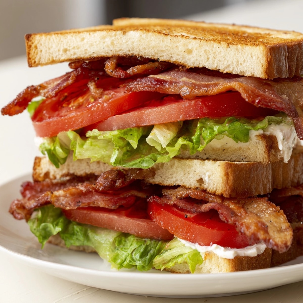 Crispy BLT Sandwich layers: smoky bacon, juicy red tomatoes, and cool crunchy lettuce.