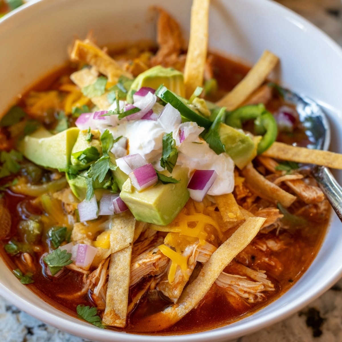 Golden, crispy tortilla strips and fresh avocado garnish a steaming bowl of Tortilla Soup.
