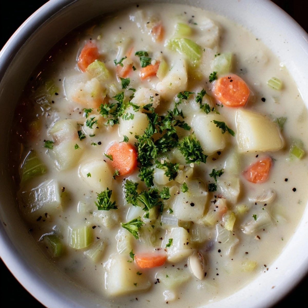 A steaming bowl of homemade Clam Chowder with fresh parsley garnish.