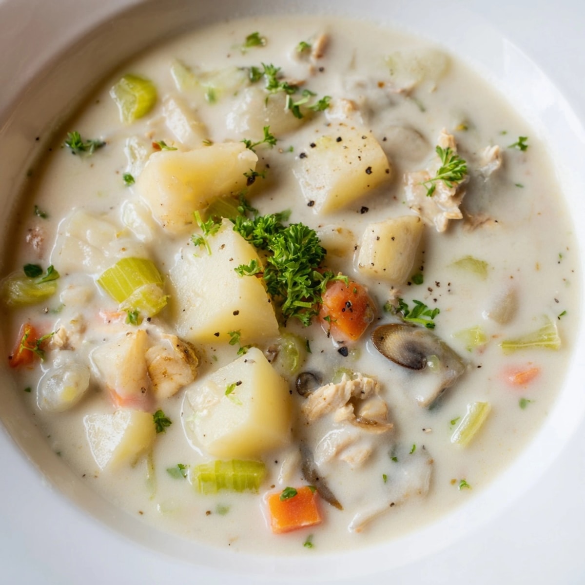 Creamy, comforting New England Clam Chowder with potatoes and vegetables, ready to serve.