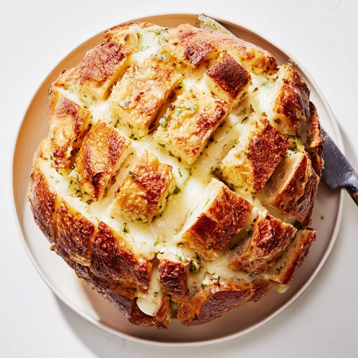 Warm, fragrant slices of Garlic Herb Cheesy Pull Apart Loaf pull away easily.