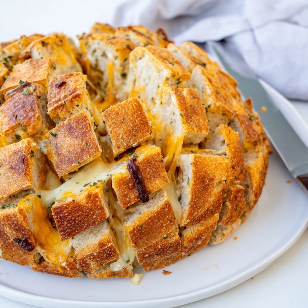 Homemade Garlic Herb Cheesy Pull Apart Loaf, a savory appetizer with melted cheese.