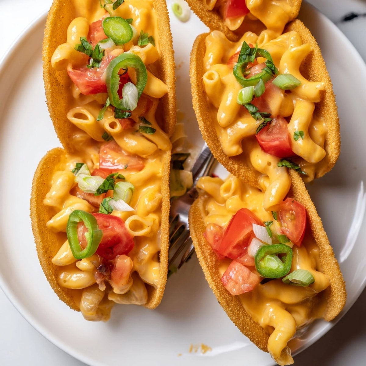 Golden, crispy Parmesan taco shells, filled with a creamy hot Mac and Cheese.