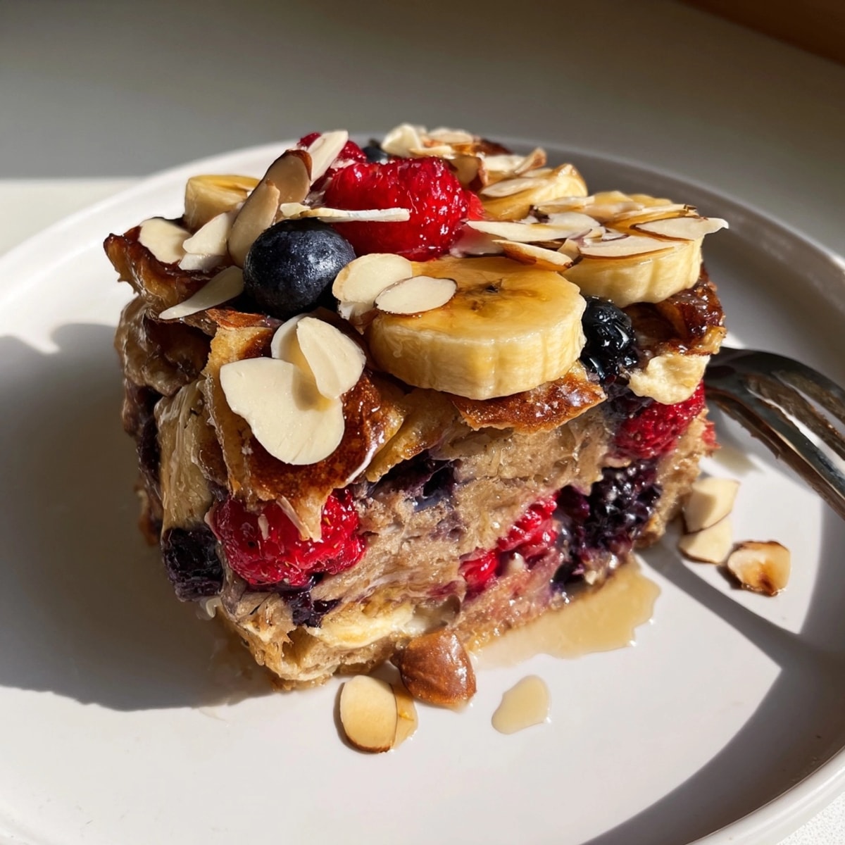 Fluffy Protein Berry Banana Pancake Bake: a delightful high-protein breakfast studded with fresh fruit.