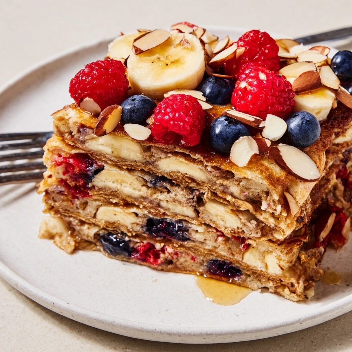 Warm Protein Berry Banana Pancake Bake, drizzled with syrup, a comforting breakfast casserole.