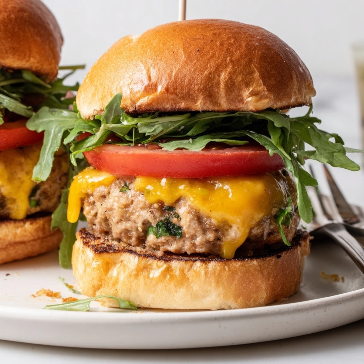 Golden Garlic Butter Turkey Burger Sliders with melted cheddar, arugula, and tomato.