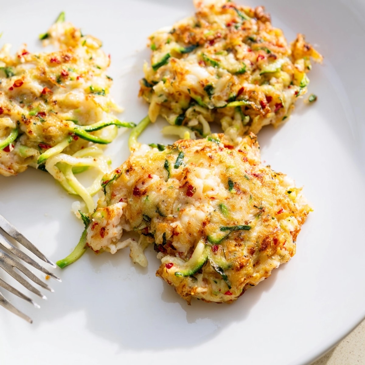 Golden Shrimp & Ricotta Zoodle Fritters in a skillet, sizzling olive oil aroma fills air.