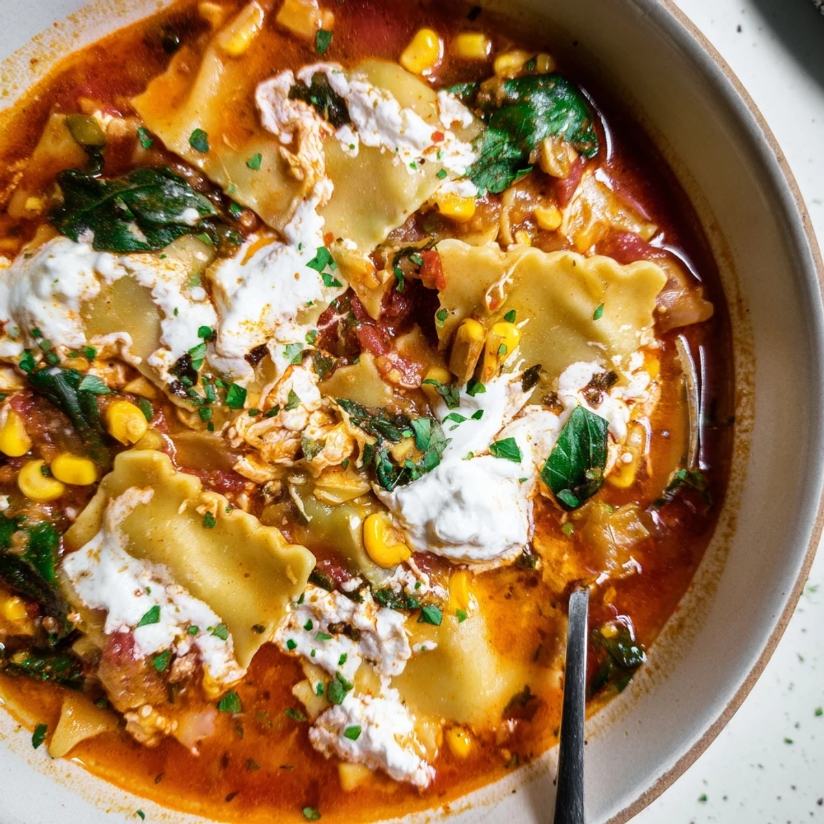 A steaming bowl of Lasagne Soup with Sweet Corn Masala, rich in flavor and comfort.  