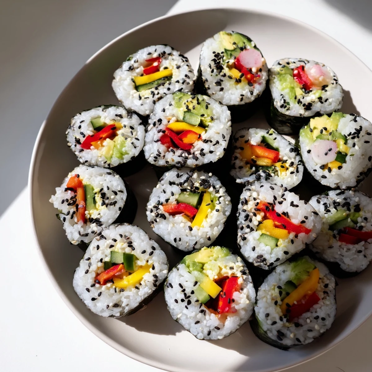 Artfully arranged Festive Holiday Snack Sushi Rolls showcasing seasonal vegetables and sesame seeds.