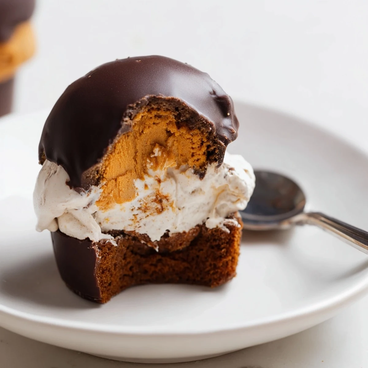 Delicious Gingerbread Pumpkin Muffin Ice Cream Bites drizzled with smooth chocolate shell.  