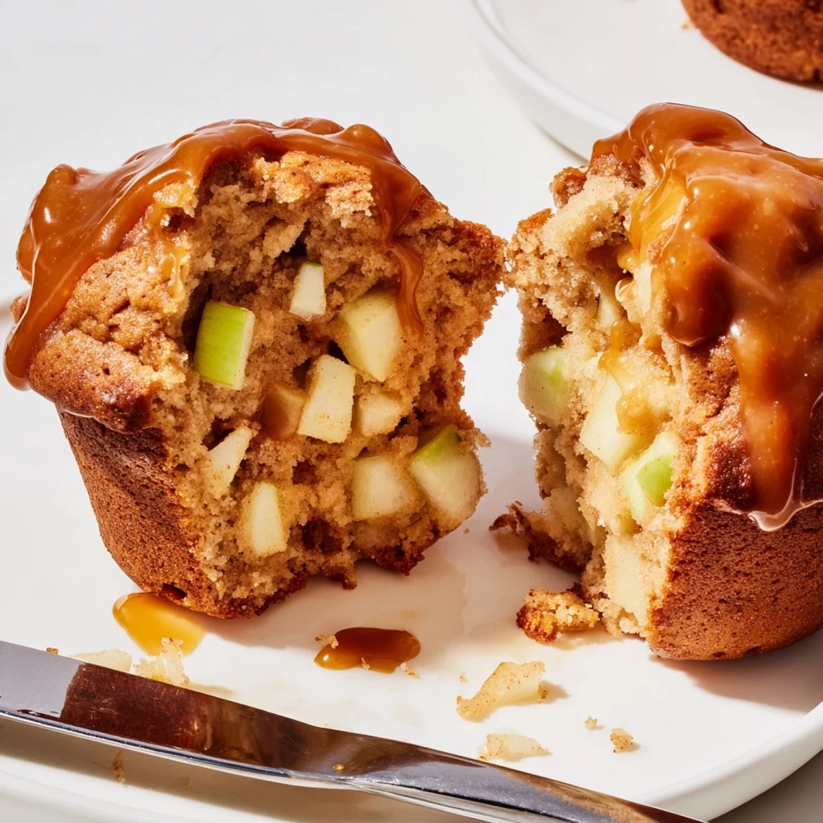 Golden-brown caramel apple sourdough muffins topped with rich caramel for delightful flavor.