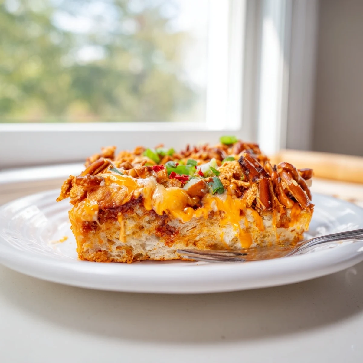 Spicy Buffalo Pretzel Biscuit Bars topped with gooey cheese and crunchy pretzels  