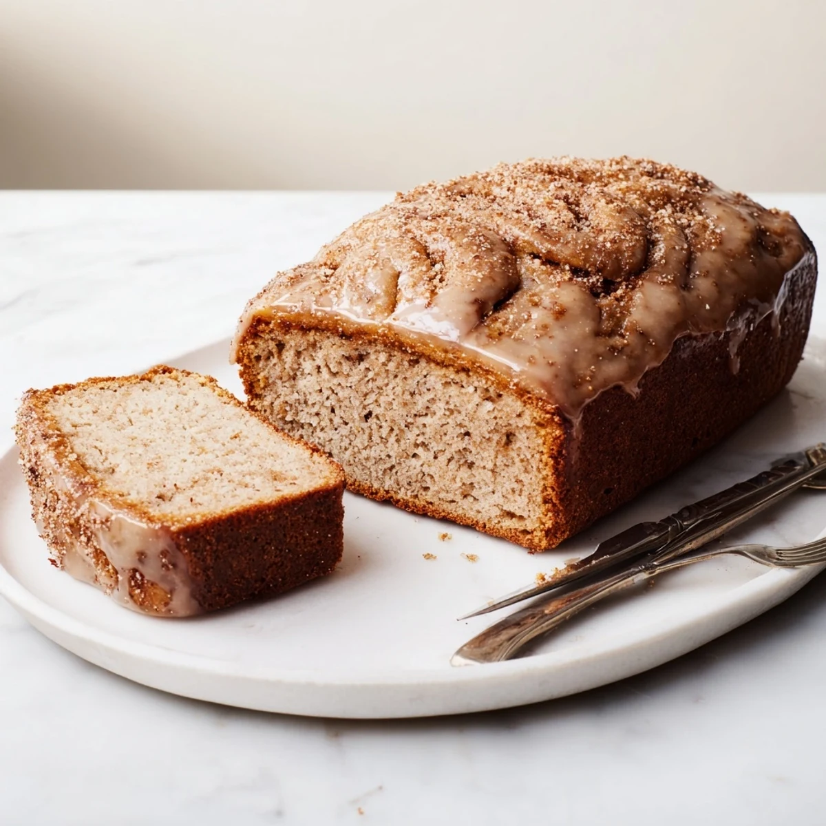 A fluffy Maple Ginger Cinnamon Pretzel Loaf drizzled with sweet maple glaze.  