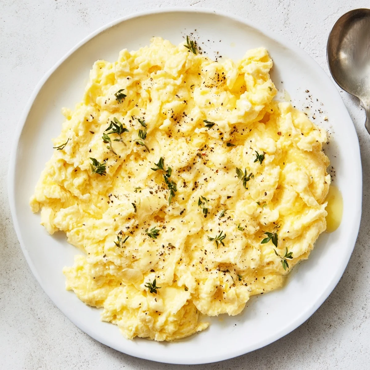 Classic scrambled eggs with garlic and herbs, garnished for a delicious breakfast.  