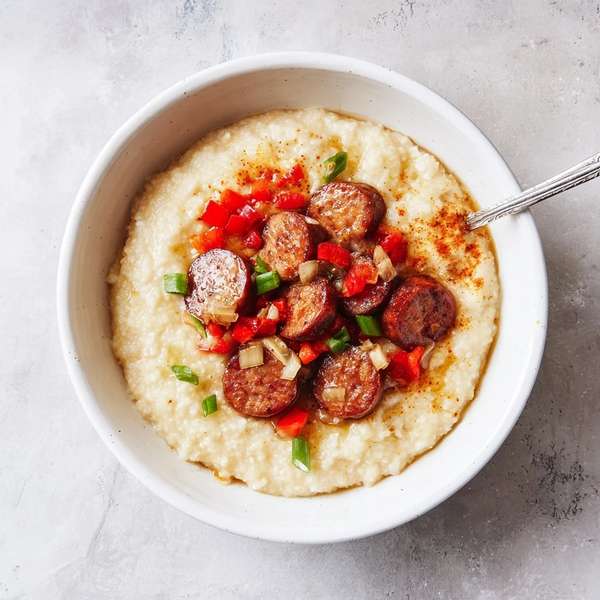 Creamy Cajun breakfast bowl with grits, sausage, and colorful peppers for flavor.  