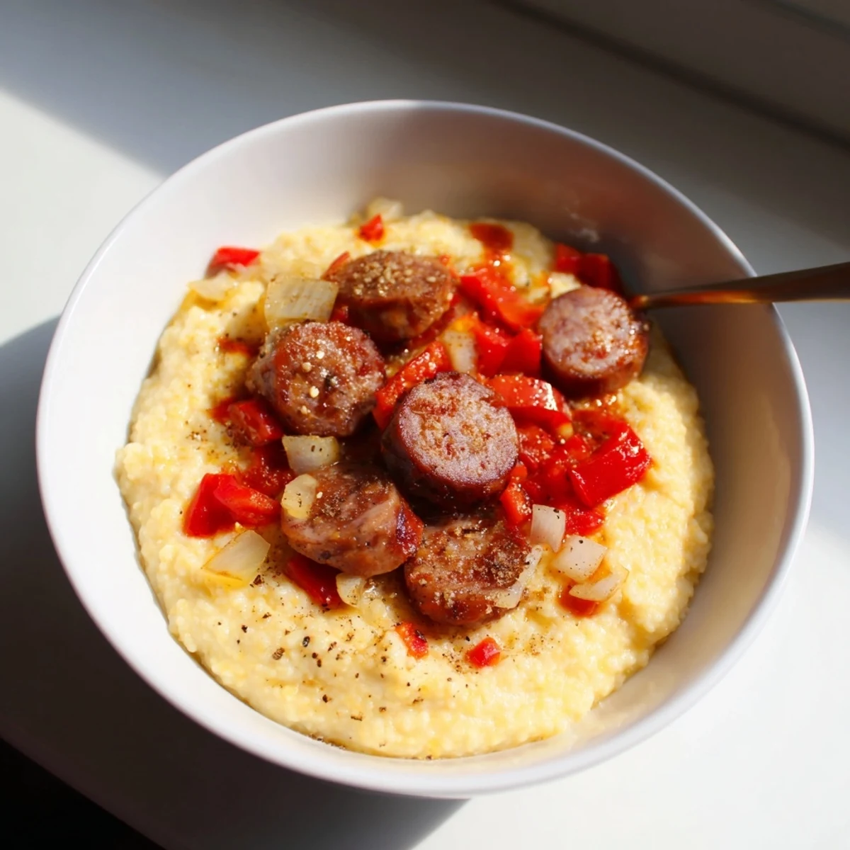 Hearty Cajun breakfast bowl featuring rich grits and spicy sausage topping.  