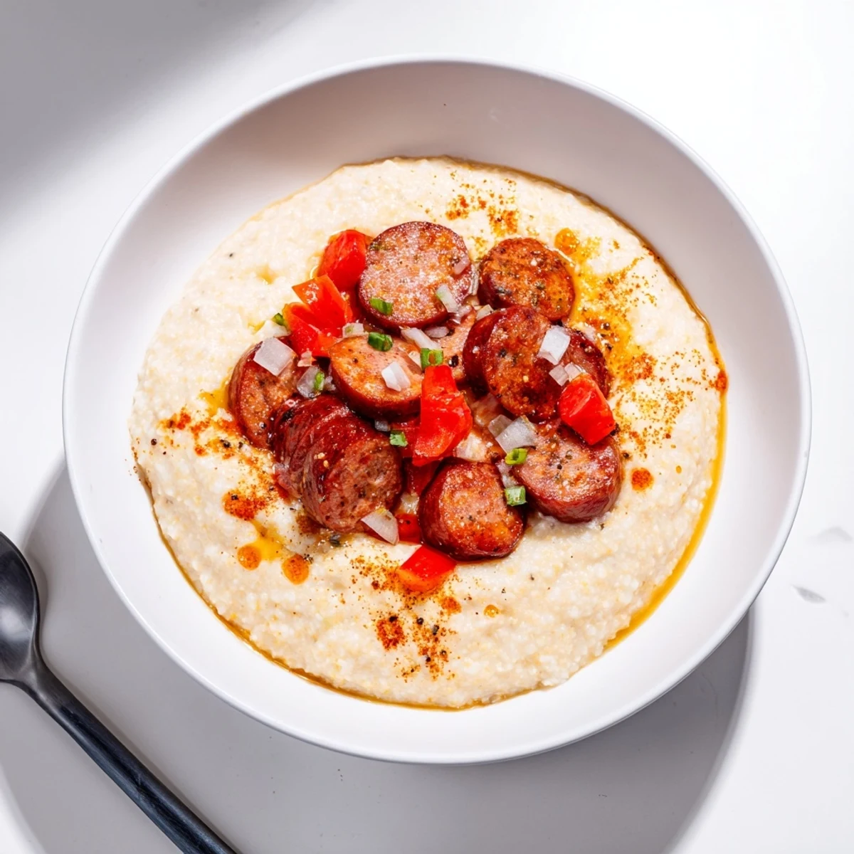 Savory Cajun breakfast bowl with grits and sautéed sausage, perfect for mornings.