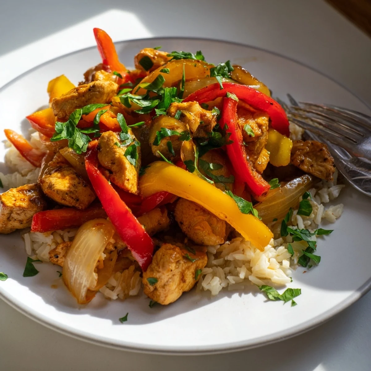 Juicy Cajun Chicken Skillet Stir-Fry served over fluffy rice with vibrant peppers.  