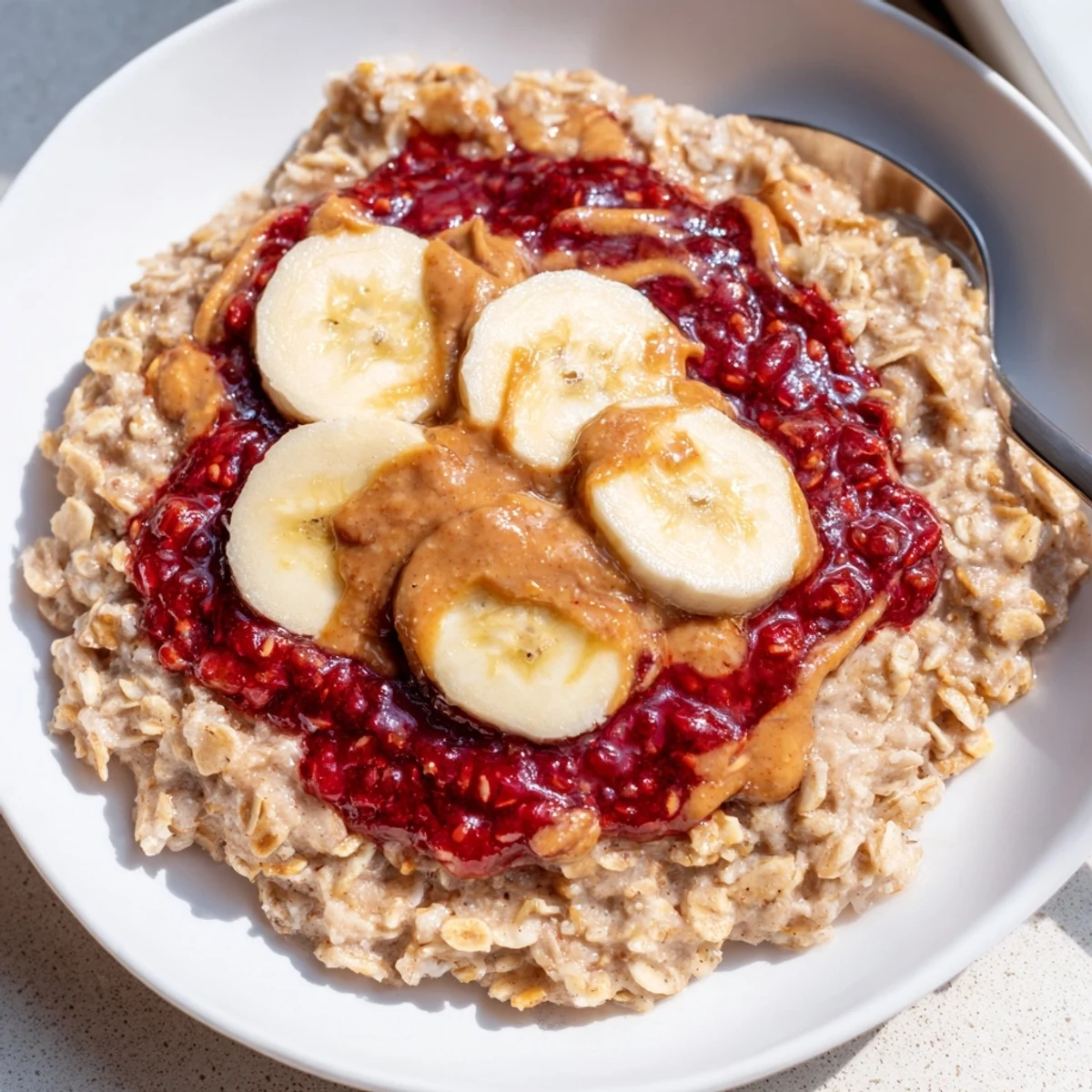 Delicious PB&J baked oatmeal, golden brown and ready for a cozy breakfast.  