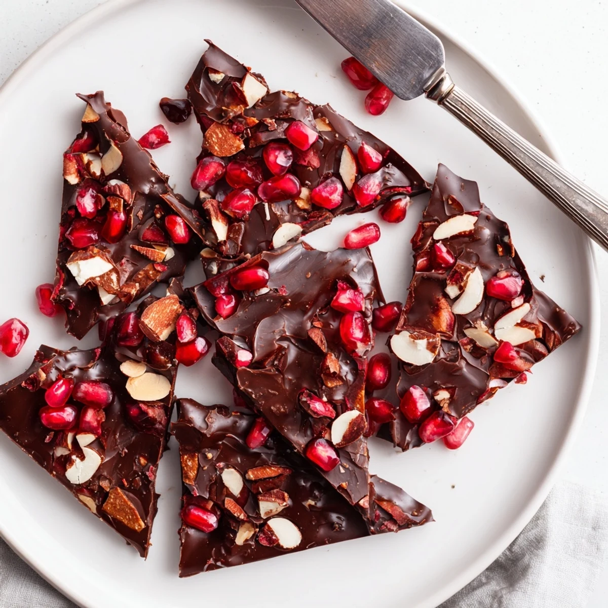 Decadent chocolate pomegranate bark topped with crunchy almonds and vibrant fruit.  