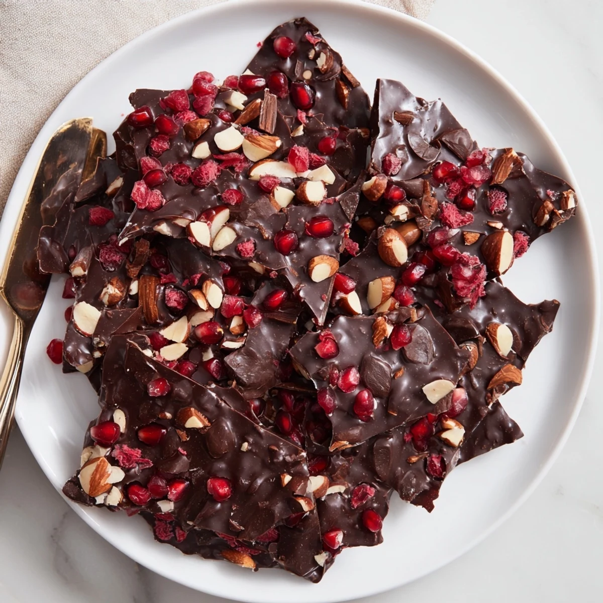 Easy vegan chocolate pomegranate bark, a sweet treat with nutty flavor and texture.  