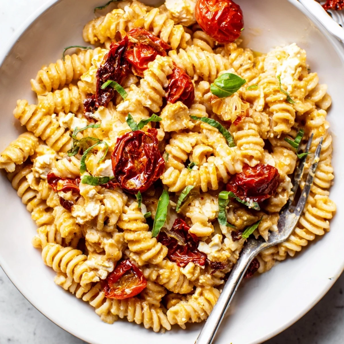 Creamy Baked Feta Pasta bursting with caramelized onions and sun-dried tomatoes.