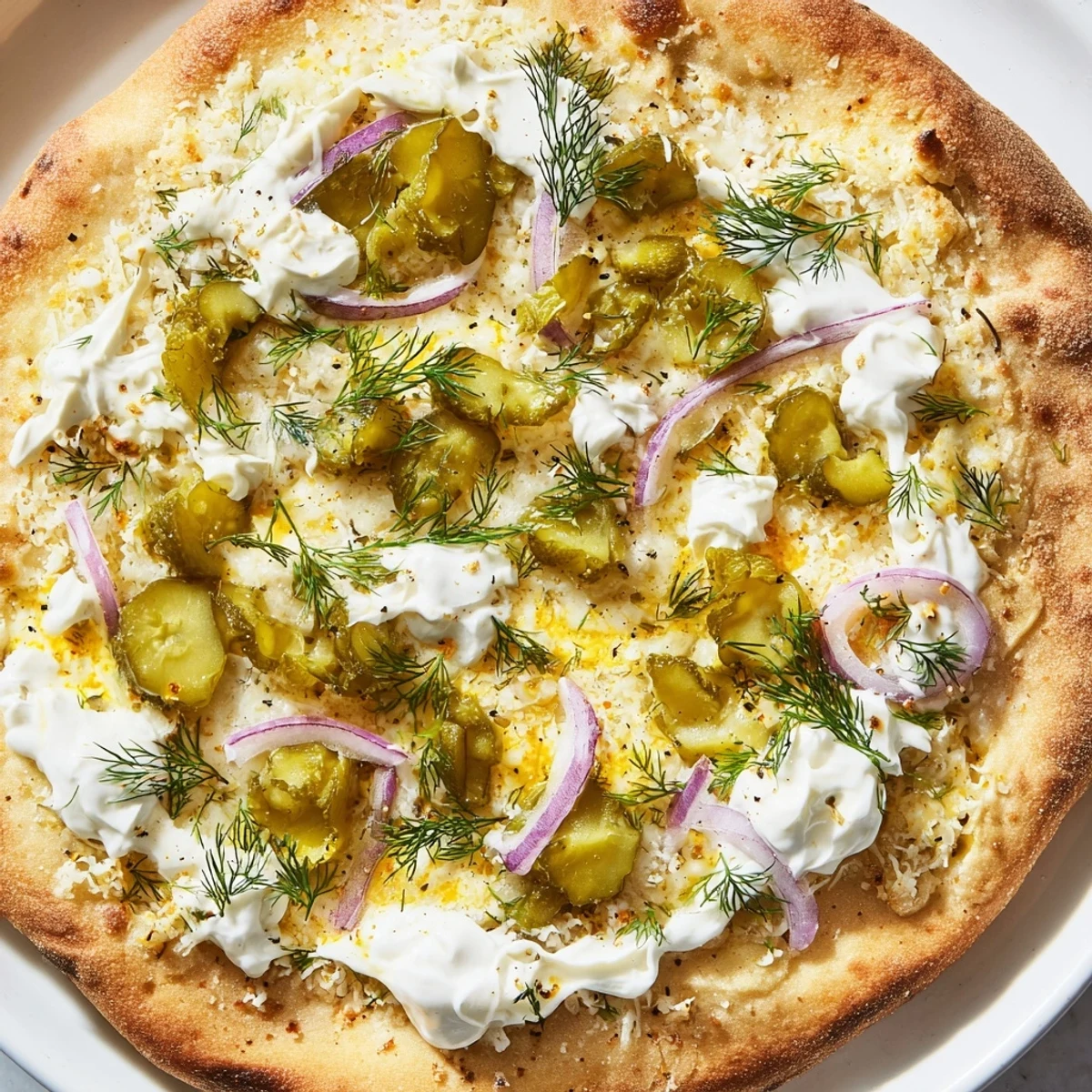 Creamy pickle pizza with mozzarella and tangy crème fraîche, baked to perfection.  