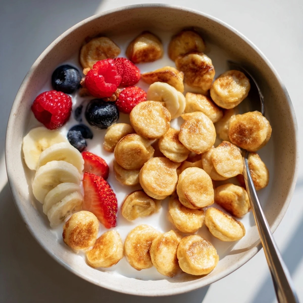 Delicious mini pancake cereal topped with fresh berries and maple syrup.  