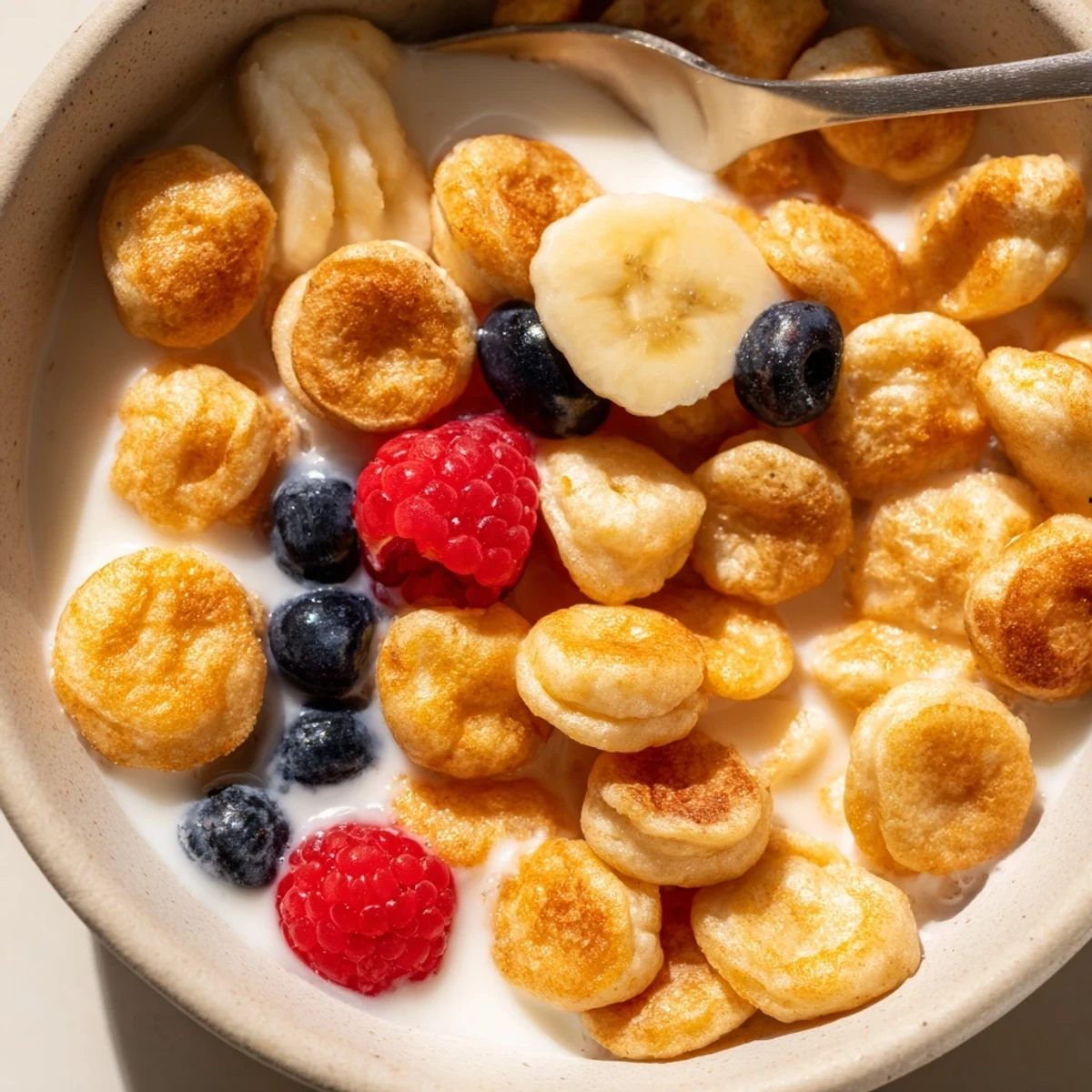 Fluffy bite-sized pancakes served in a bowl with chilled milk and fruit.  
