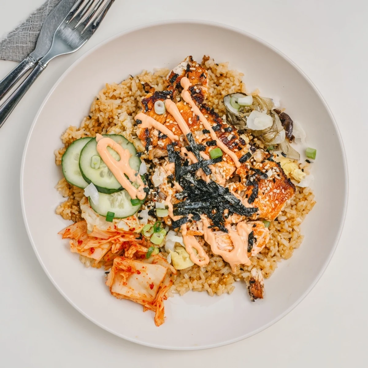 Flavorful Crispy Salmon Rice Bowl featuring golden garlic, creamy avocado, and tangy toppings.
