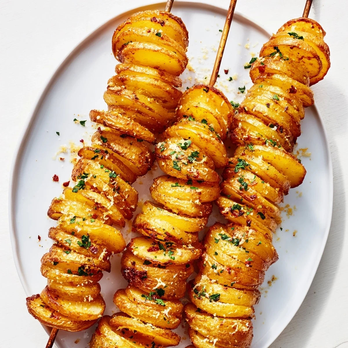 Crispy air-fryer tornado potatoes on skewers, seasoned for a flavorful snack.  