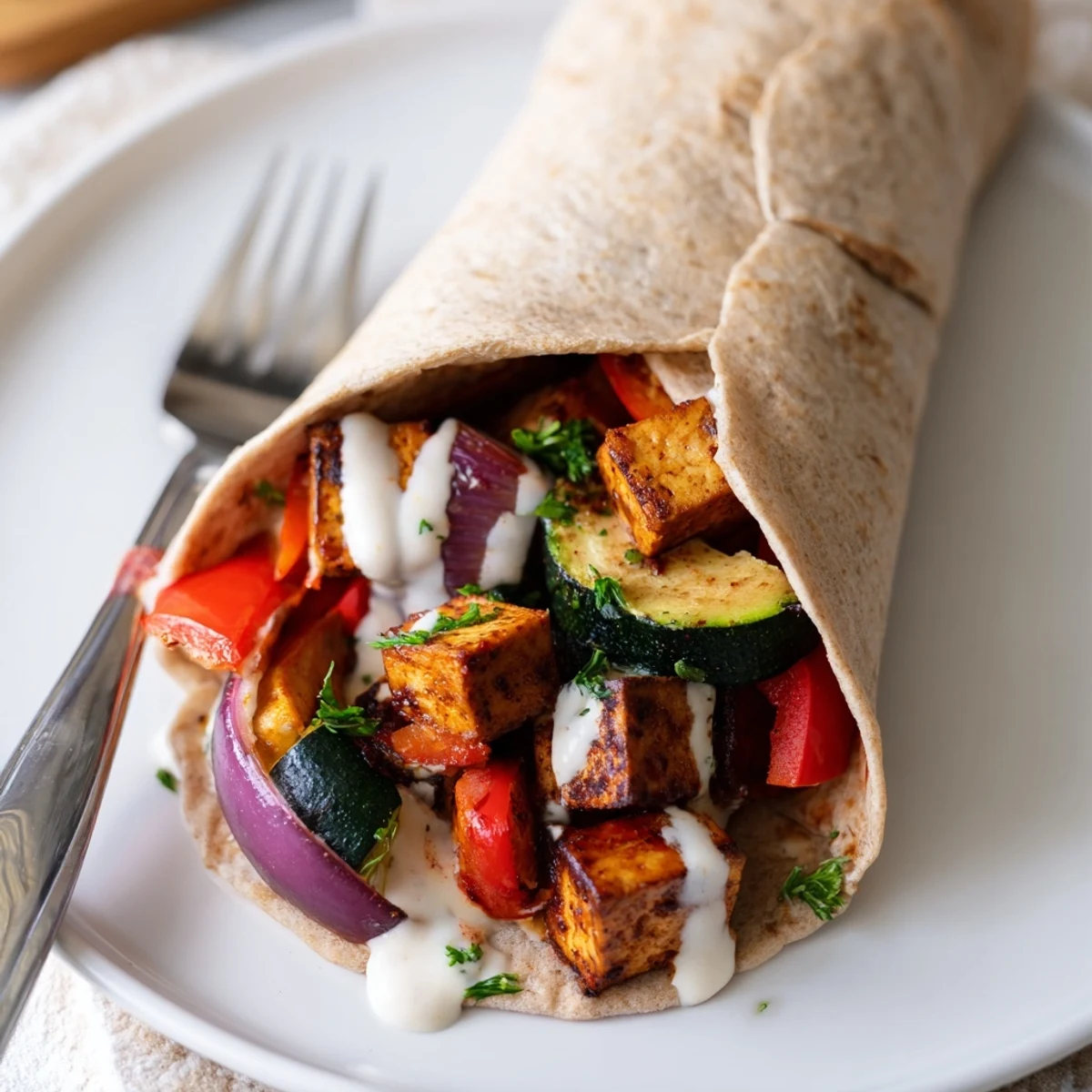 Vibrant, plant-based wraps filled with spiced tofu and fresh vegetables, a vegan delight.  