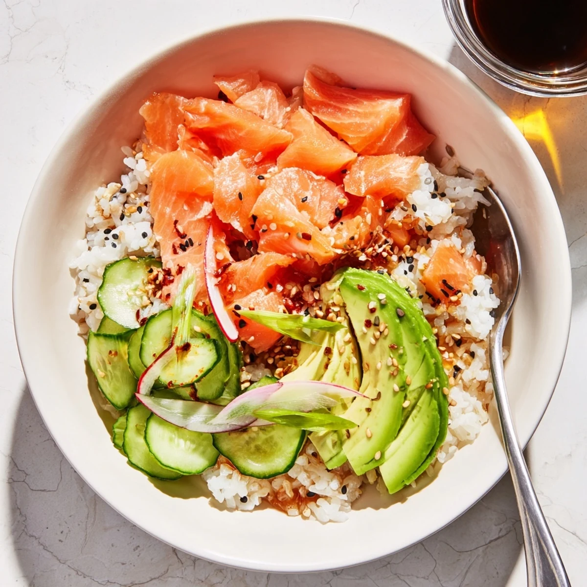 Microwave-steamed Leftover Salmon & Rice Bowl garnished with sesame seeds and scallions.