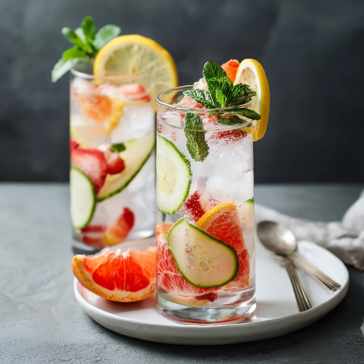 Refreshing water-based mocktails with fresh fruit and herbs in chilled glasses.  