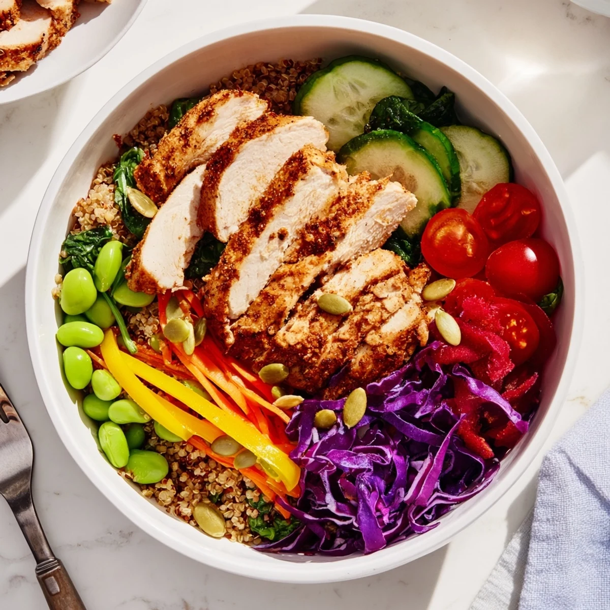 Vibrant Healthy Meal-Prep Bowls showcasing colorful veggies and grilled chicken slices.