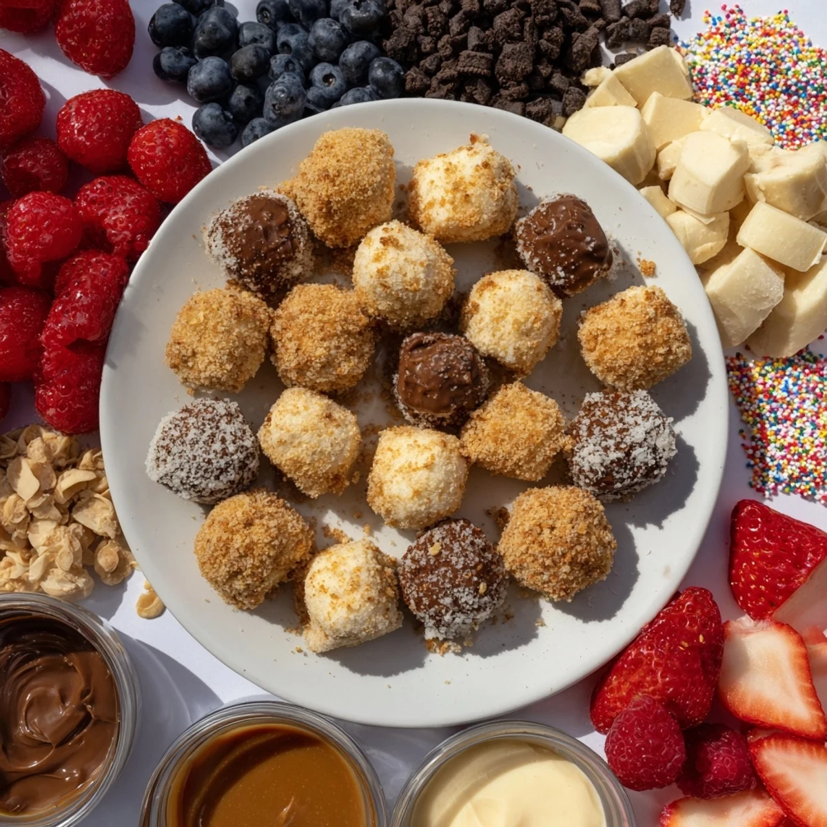 Cheesecake bites on a stunning board, ready for drizzles and customizable toppings galore.
