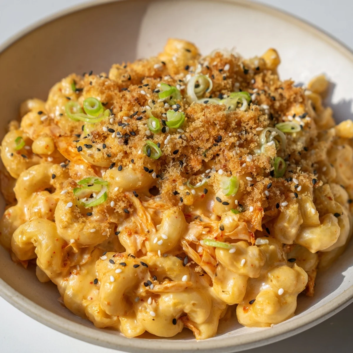 Creamy Spicy Kimchi Mac & Cheese topped with crunchy sesame and vibrant flavors.  