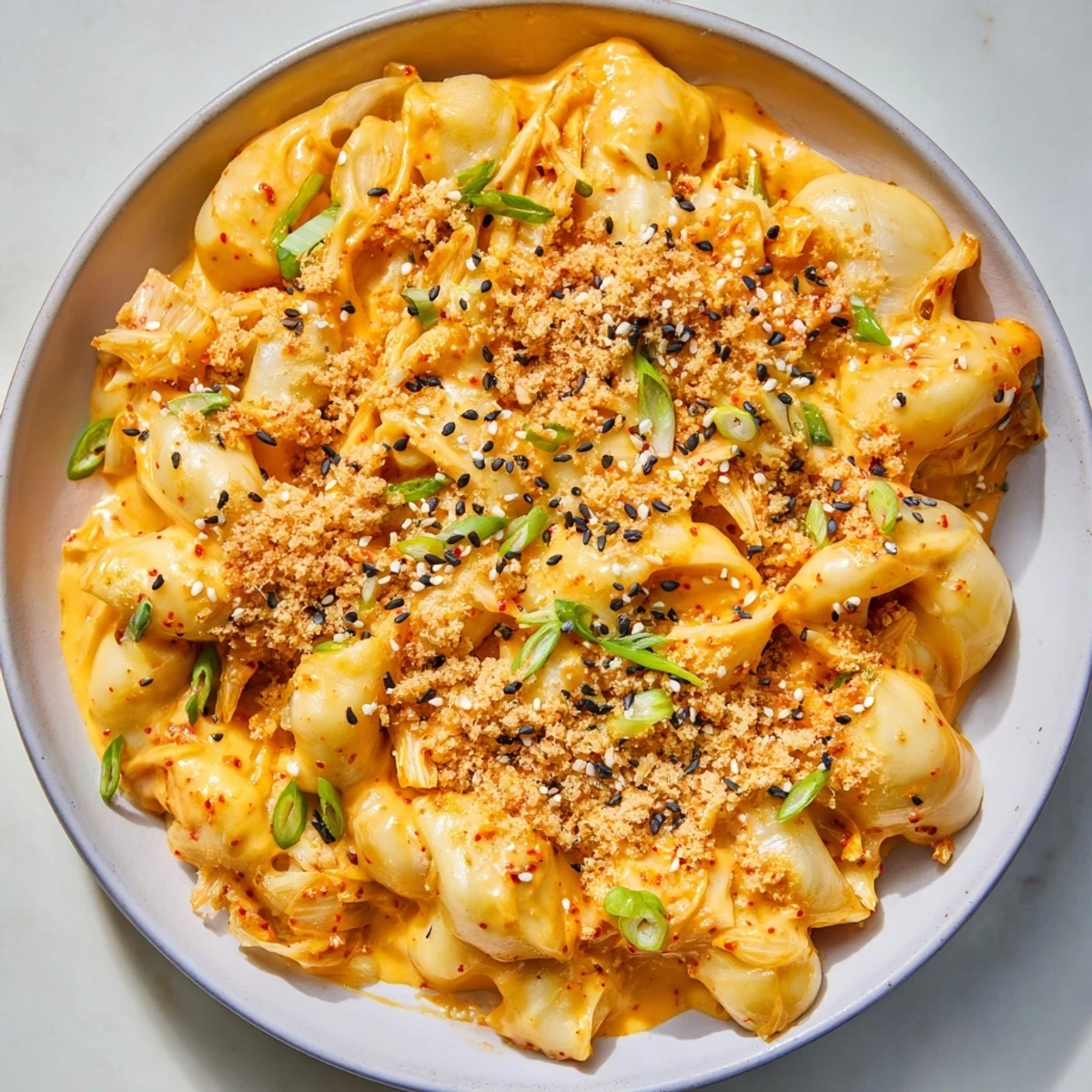 Bowl of Spicy Kimchi Mac & Cheese, featuring melty cheese and tangy kimchi goodness.  