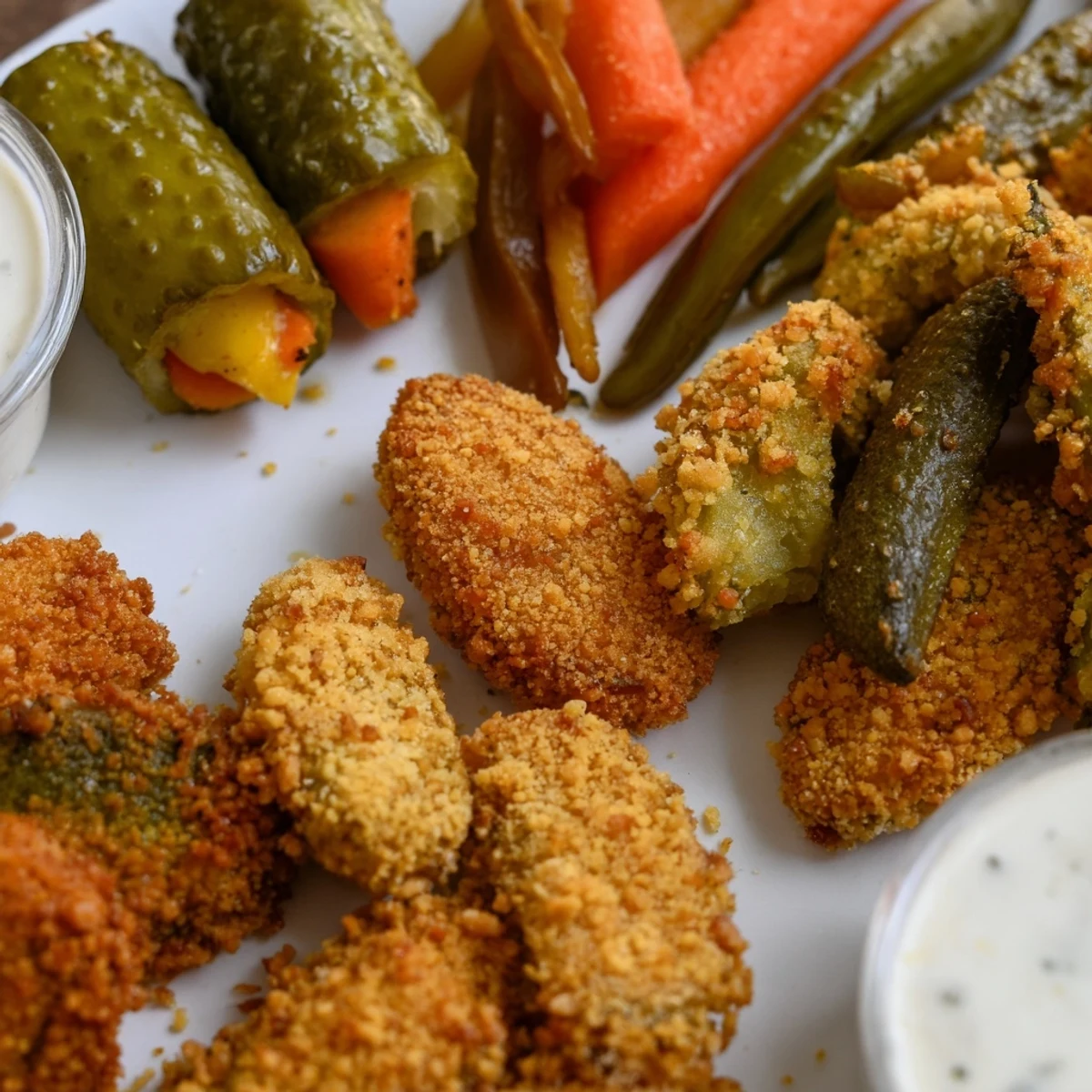 Crispy fried pickles accompany assorted tangy pickled vegetables on a vibrant platter.  