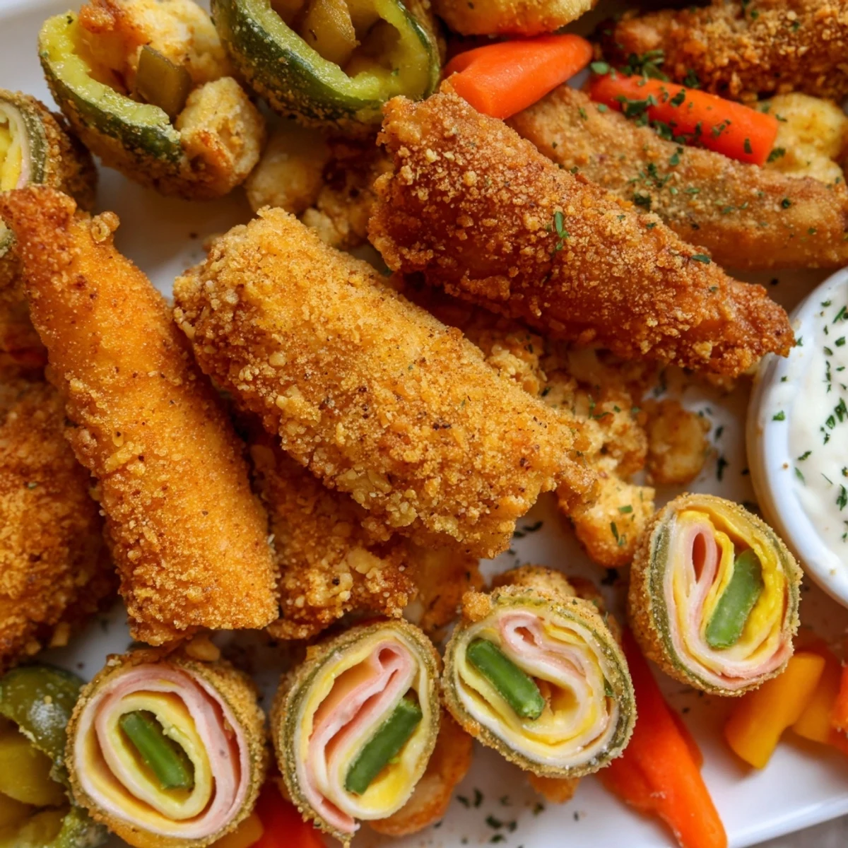 Delight in a hearty pickle lovers meal with crunchy bites and creamy dipping sauce.  