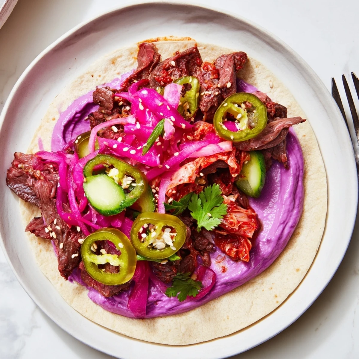Flavorful fusion tacos filled with marinated beef, Korean kimchi, and purple ube sauce.  
