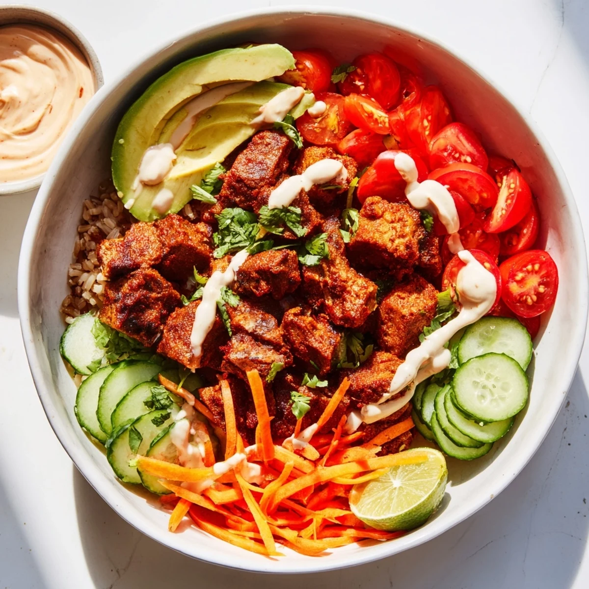 Delicious plant-based meat bowl topped with cherry tomatoes and cilantro garnish.